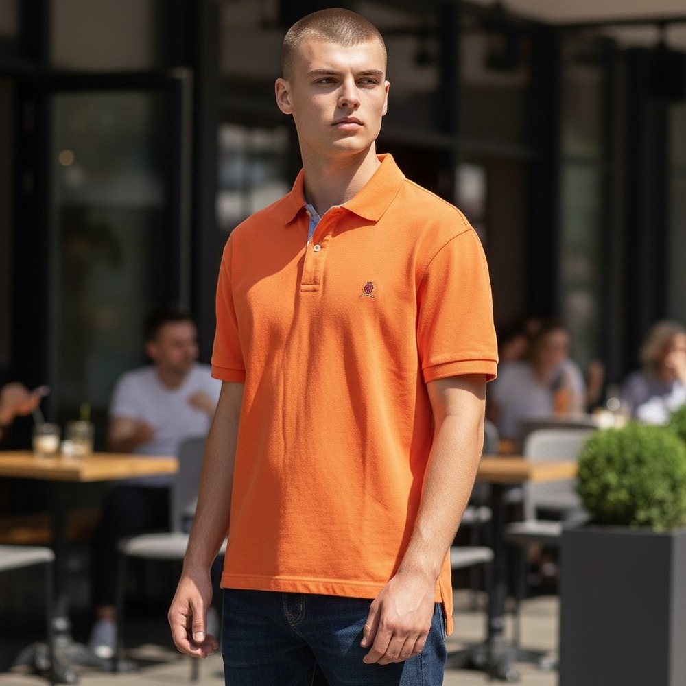 Tommy Hilfiger Polo Shirt Large Orange Excellent Embroidered Crest Short Sleeve